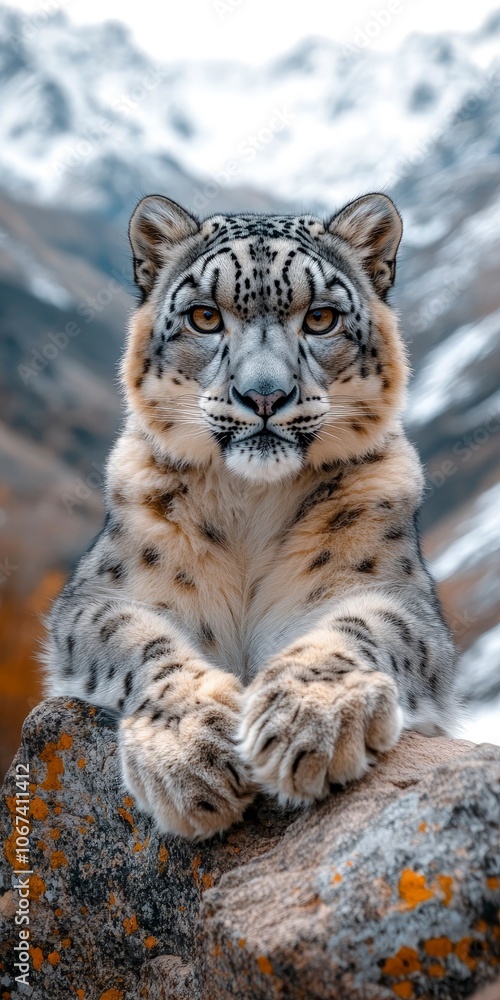 Obraz premium Close-up of a majestic snow leopard lying on a rocky ledge, surrounded by snowy mountains in the background; its fur is detailed and realistic, with deep, piercing eyes that convey the wild intensity