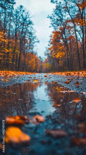 A serene autumn landscape with colorful trees and a reflective puddle.