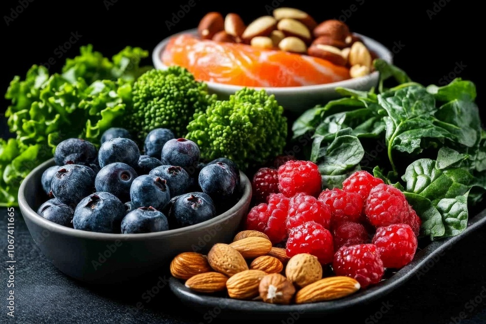 Table spread with salmon, berries, nuts, and leafy greens, capturing a full array of brain-boosting foods Table spread with salmon, berries, nuts, and leafy greens, capturing a full array of brain-boosting foods