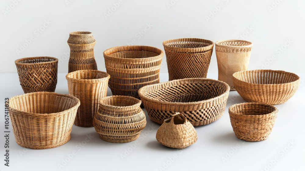 Assorted wicker baskets in various shapes and sizes arranged on a plain white surface. Assorted wicker baskets in various shapes and sizes arranged on a plain white surface.