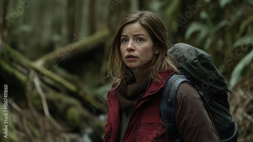 A woman with a backpack stands in a lush forest, looking concerned or thoughtful. photo