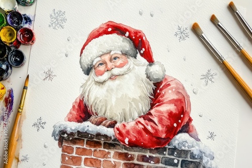 Christmas watercolor drawing of Santa Claus on pipe, lies on artist's table, next to brushes and paints.