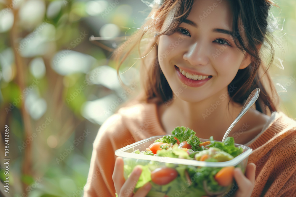 A cheerful young Asian woman wearing an orange sweater, smiling while holding a fresh salad bowl with vibrant vegetables in a natural setting A cheerful young Asian woman wearing an orange sweater, smiling while holding a fresh salad bowl with vibrant vegetables in a natural setting