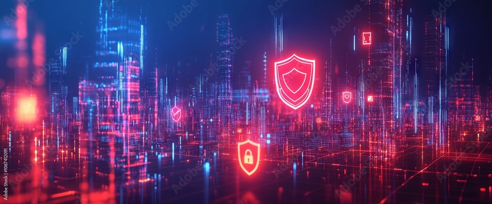 Fototapeta premium Holographic Icons Representing Digital Security Above Abstract Cityscape. AI generated illustration