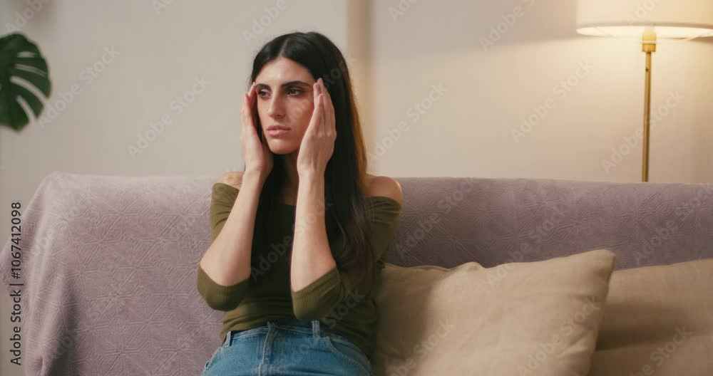Brunette woman sighs heavily touching face with hands Brunette woman sighs heavily touching face with hands