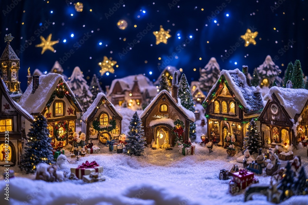 Fototapeta premium A charming winter village scene with snow-covered houses adorned with Christmas lights, twinkling stars in the night sky, and festive decorations, creating a magical and heartwarming holiday atmospher