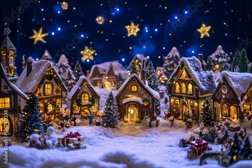 A charming winter village scene with snow-covered houses adorned with Christmas lights, twinkling stars in the night sky, and festive decorations, creating a magical and heartwarming holiday atmospher