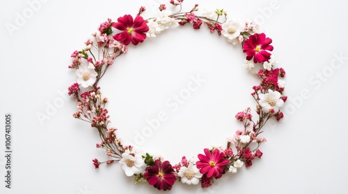 A delicate floral wreath made of white and pink flowers forms a perfect circle on a white background, symbolizing beauty, love, nature, and new beginnings.