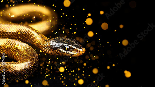 Luxurious gold king snake with cosmic themed sparkles in background