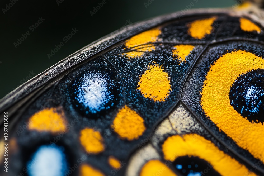 Close-up macro photography of a butterfly wing pattern showcasing vibrant yellow and black colors with blue highlights. AI generated illustration Close-up macro photography of a butterfly wing pattern showcasing vibrant yellow and black colors with blue highlights. AI generated illustration