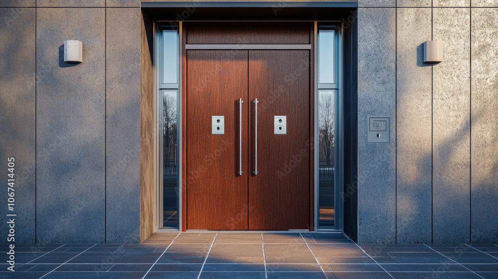 Fototapeta premium Double brown front doors with security measures at the main entrance.