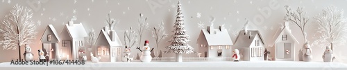 Charming Snowy Winter Village Scene with Snowmen and Houses in Serene Holiday Setting : Generative AI photo