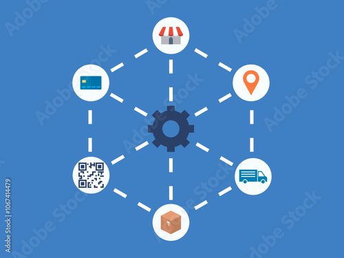 Concept for automated marketing, digital communication, automation business flat vector illustration with online shopping, banking icons, delivery service, innovation strategy, automated industry