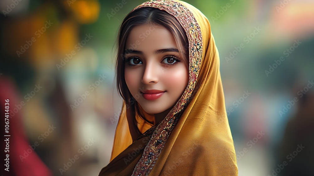 Portrait of a Woman in a Yellow Headscarf with Intricate Pattern in Vibrant Setting : Generative AI Portrait of a Woman in a Yellow Headscarf with Intricate Pattern in Vibrant Setting : Generative AI