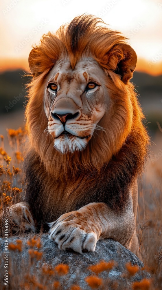 Majestic African lion resting on a rock in the savannah at sunset, surrounded by tall, golden grass; the sky is glowing with warm colors, and his mane flows gently in the wind; highly detailed Majestic African lion resting on a rock in the savannah at sunset, surrounded by tall, golden grass; the sky is glowing with warm colors, and his mane flows gently in the wind; highly detailed