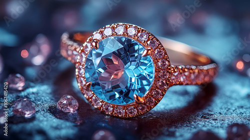 A stunning blue gemstone ring with a halo of diamonds, set against a shimmering background of more jewels, showcasing luxury and elegance.