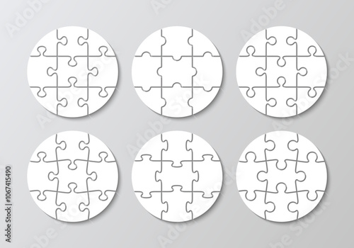 Puzzle pieces grids set in circle frame. Jigsaw collection with 9 details. Scheme of thinking game. Modern background with separate shapes. Mosaic silhouette. Cutting template. Vector illustrator