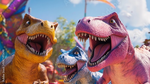 Fototapeta Naklejka Na Ścianę i Meble -  Playful dinosaur family in vibrant commercial promoting lively theme park animations.