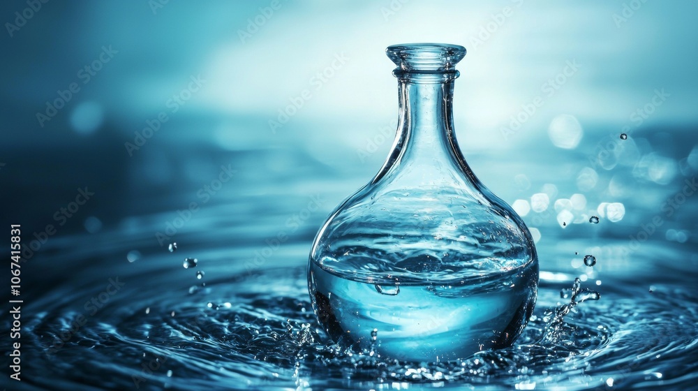 Crystal-clear glass bottle in water with ripples Crystal-clear glass bottle in water with ripples