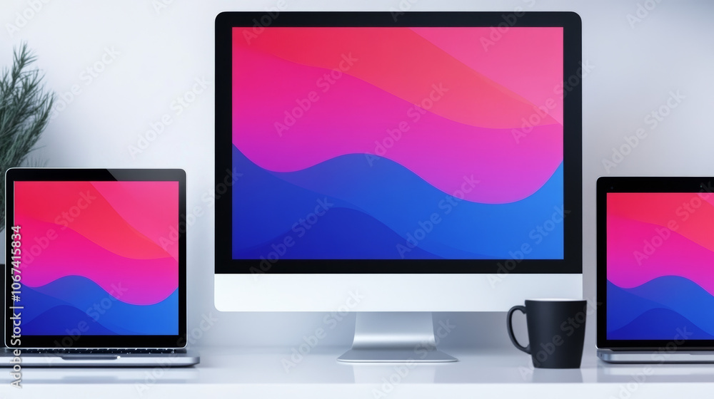 Three computer screens with abstract pink and blue waves on a white desk. Three computer screens with abstract pink and blue waves on a white desk.