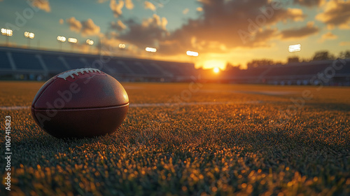 A football is laying on the grass in a stadium