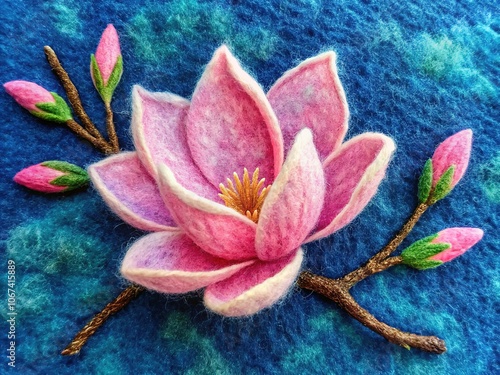 A detailed magnolia embroidery in serene blue and pink graces the boiled wool fabric. photo