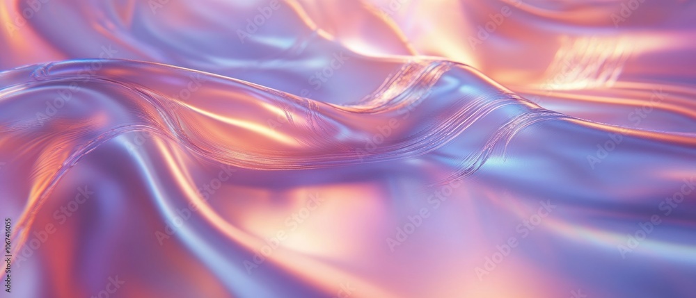 Naklejka premium A close-up of smooth, iridescent fabric with soft, flowing textures and gentle light reflections.