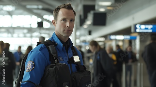Security personnel in airport ensuring safe travel environment, vigilant officers monitoring checkpoints and maintaining order, emphasizing the importance of security in public transportation.