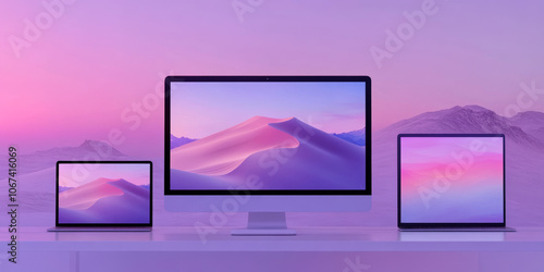 Three computers of different sizes are lined up on a white surface against a purple backdrop.