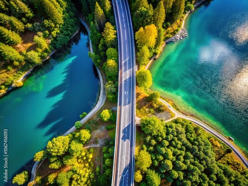 Aerial Drone Shot: Straight Down Road Over Lake, Urban Exploration