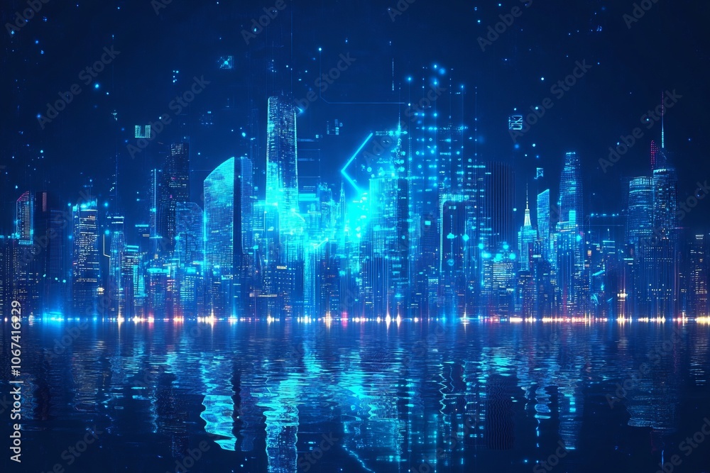Futuristic city skyline illuminated at night, showcasing sound waves and data visualizations in a blue color theme. AI generated illustration Futuristic city skyline illuminated at night, showcasing sound waves and data visualizations in a blue color theme. AI generated illustration