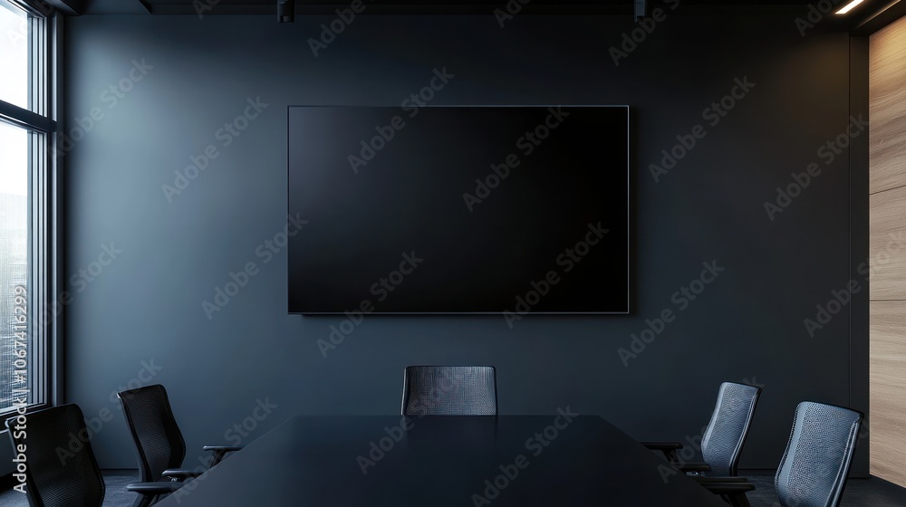 A modern conference room featuring a large screen and a dark aesthetic. A modern conference room featuring a large screen and a dark aesthetic.