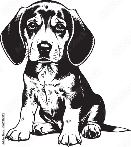 Beagle puppy dog black and white illustration woodcut style vintage artwork