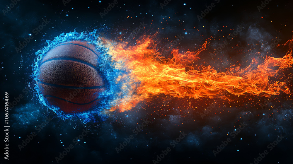 A basketball is surrounded by fire and water, creating a unique A basketball is surrounded by fire and water, creating a unique