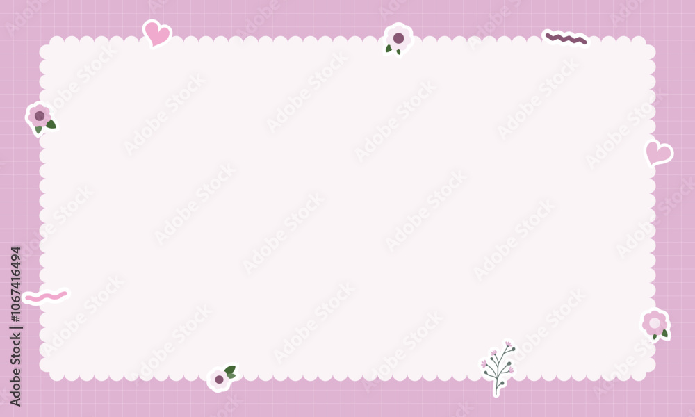 Cute kawaii pastel notebook and memo pad grid background with kawaii stickers