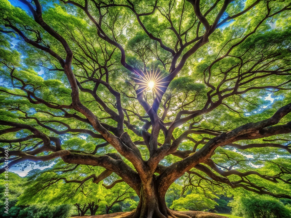Fototapeta premium Aerial view of a sprawling rain tree, a symphony of green.
