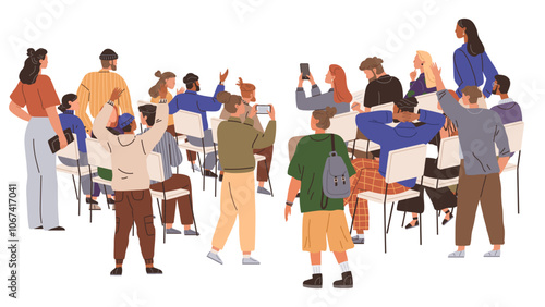 A mix of individuals sits and stands around, some taking photos and videos, indicating a shared experience or event. Ideal for business networking, educational workshops, seminars, social gatherings