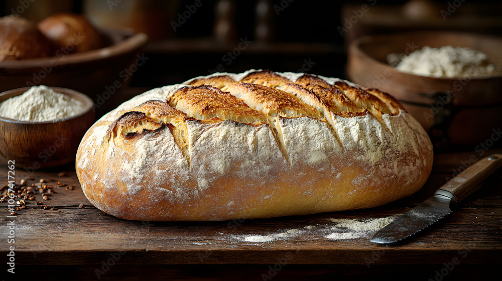 A loaf of freshly baked bread on a rustic wooden table, with flour dusting and a warm, inviting atmosphere
A loaf of freshly baked bread on a rustic wooden table, with flour dusting and a warm, inviting atmosphere