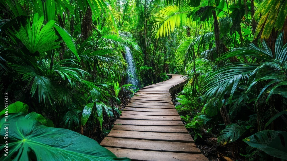 Hidden waterfall in tropical jungle, ideal for adventure and nature vacation brochure. Hidden waterfall in tropical jungle, ideal for adventure and nature vacation brochure.