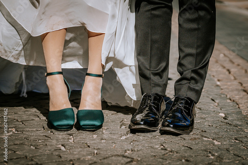 Close-up of a bride and groom’s shoes, showing the bride’s elegant teal heels and groom’s polished black dress shoes on cobblestone pavement. photo