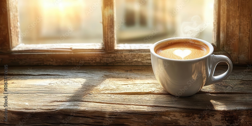 Coffee cup on a wooden windowsill, sunlight streaming in. Coffee cup on a wooden windowsill, sunlight streaming in.