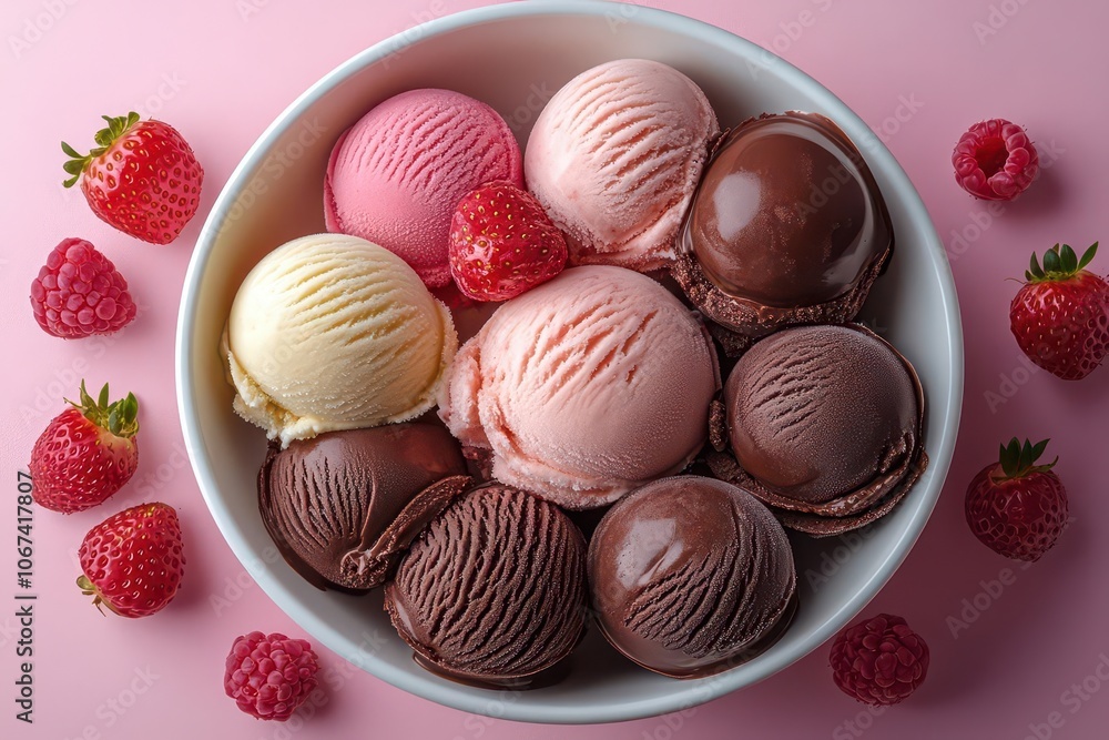 top view of assorted ice cream scoops in a white bowl featuring rich chocolate fresh strawberry and creamy vanilla flavors set against a textured pastel background for a sweet treat display