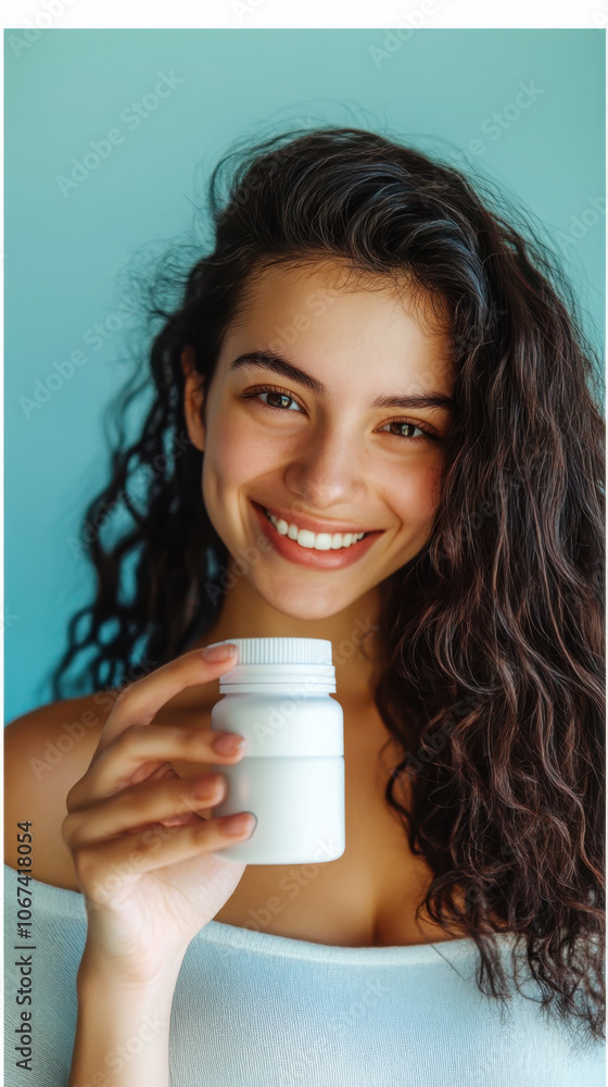 Vibrant portrait of smiling woman holding vegan supplement for wellness promotion Vibrant portrait of smiling woman holding vegan supplement for wellness promotion