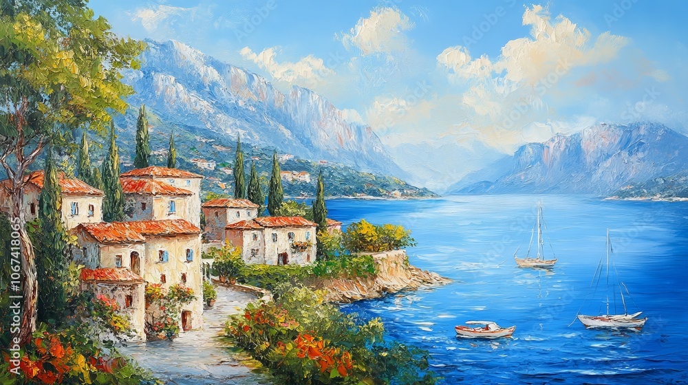 Mediterranean village by the sea with mountains and boats. AI generated illustration. Mediterranean village by the sea with mountains and boats. AI generated illustration.