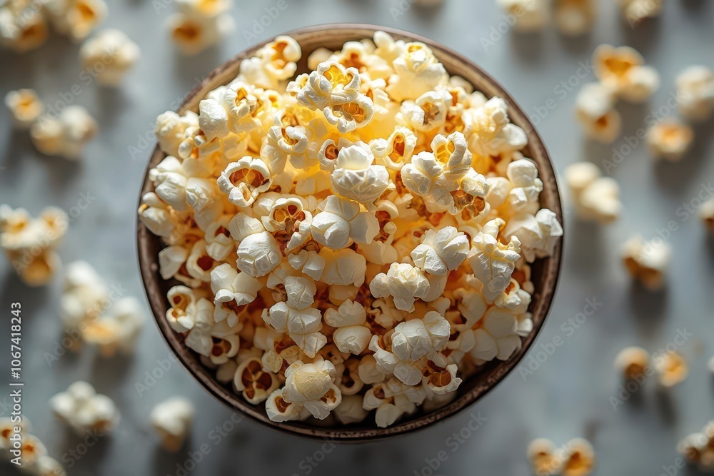 top view of freshly popped popcorn scattered on a clean white surface showcasing the fluffy texture and light golden color ideal for a fun snack imagery creating a playful and appetizing vibe top view of freshly popped popcorn scattered on a clean white surface showcasing the fluffy texture and light golden color ideal for a fun snack imagery creating a playful and appetizing vibe