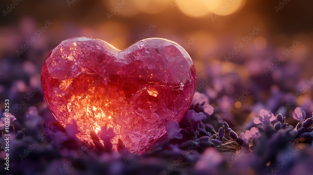 A luminous, pink heart-shaped gemstone rests amid vibrant purple flowers, creating a romantic and enchanting atmosphere. A luminous, pink heart-shaped gemstone rests amid vibrant purple flowers, creating a romantic and enchanting atmosphere.
