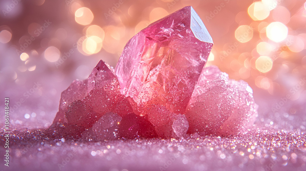 A stunning pink crystal rests on a soft bed of sparkling stones, radiating beauty and shimmer in a soft, dreamy light. A stunning pink crystal rests on a soft bed of sparkling stones, radiating beauty and shimmer in a soft, dreamy light.