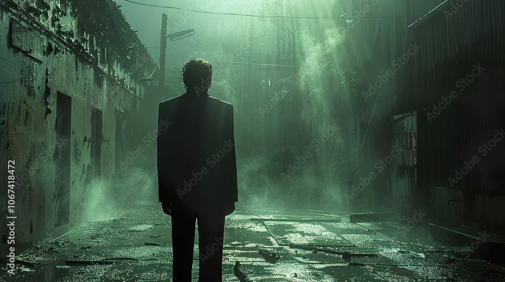 A Solitary Figure in a Foggy, Post-Apocalyptic Cityscape A Solitary Figure in a Foggy, Post-Apocalyptic Cityscape
