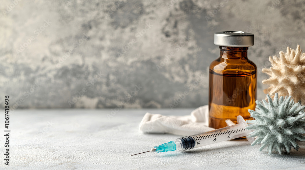 Vaccines in a glass bottle and a syringe on a light surface, with room for your words. Vaccines in a glass bottle and a syringe on a light surface, with room for your words.