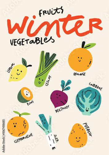 Cute cartoon winter fruits and vegetables. Vector children's illustration. A fun print. Baby room poster.